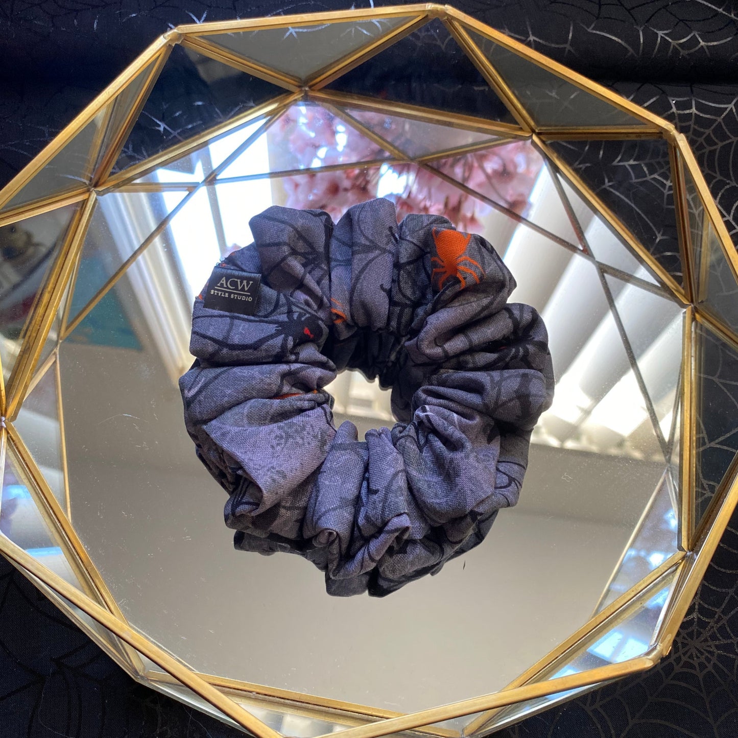 Halloween themed spider web printed handmade scrunchie