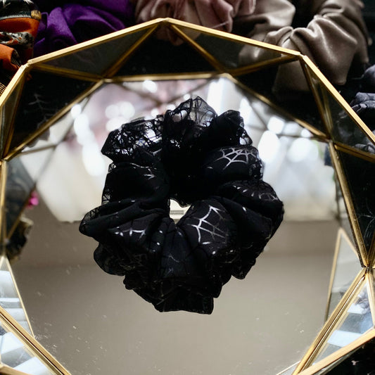 black chiffon spider web halloween themed handmade scrunchie. hair accessories for girls, ladies, women. gift ideas