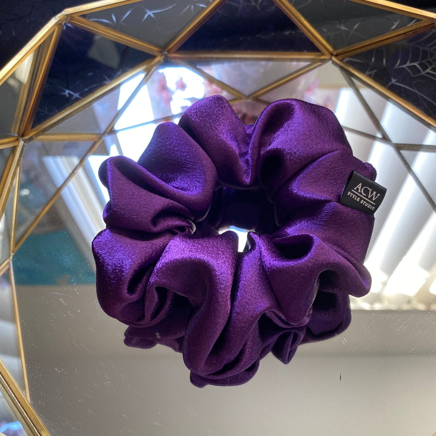 purple satin handmade scrunchie hair accessories for girls, women, ladies. gift ideas for Halloween.