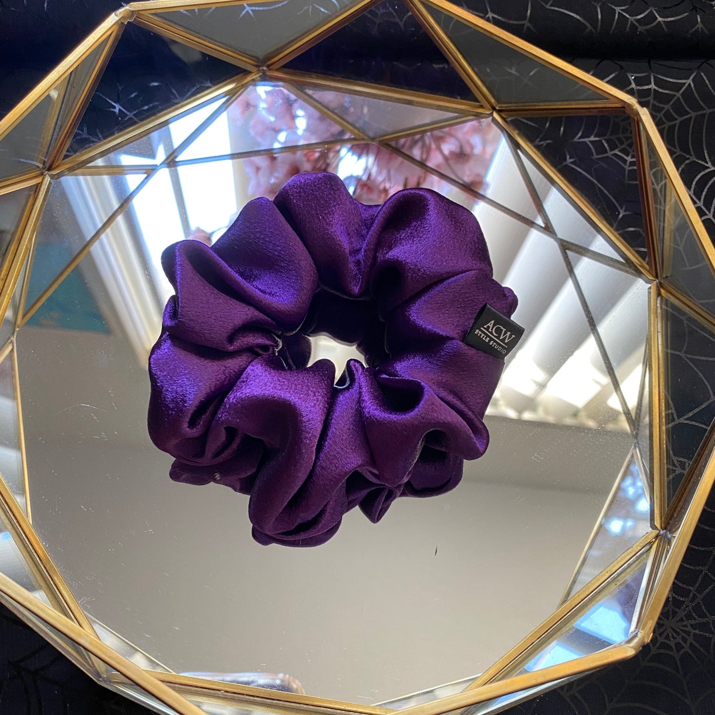 purple satin handmade scrunchie. Halloween themed hair accessories for girls, women, ladies.